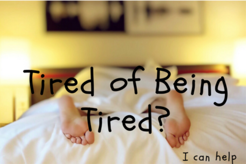 Feet in bed with "Tired of Being Tired?" text
