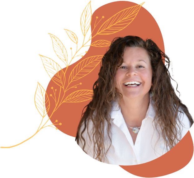 Smiling woman with curly hair, orange leaf design