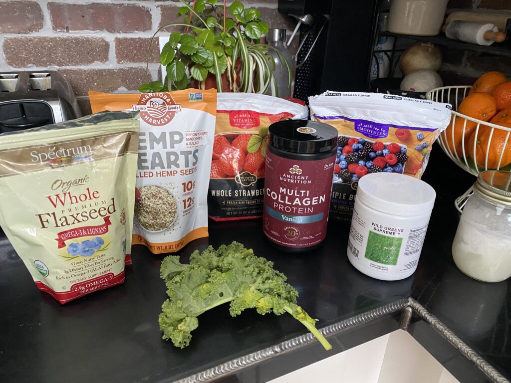 Healthy Morning Berry Smoothie ingredients on counter